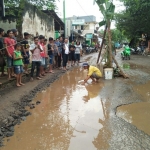 MANCING MANIA: Warga protes parahnya kerusakan jalan dengan melakukan aksi menanam pohon pisang serta memancing bersama.