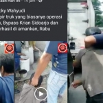 Kiri: Viral video penangkapan terduga preman pemalak para sopir truk. Kanan: Pelaku memakai kaos coklat diamankan teman sopir yang berkaos biru.