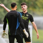 Declan Rice saat menjalani sesi latihan bersama Arsenal.