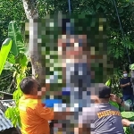 ZA (38), sang suami ditemukan gantung diri di atas pohon rambutan setinggi lima meter di halaman belakang rumah. (foto: ist)