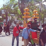 Pasangan Fandi Akhmad Yani dan Aminatun Habibah (Niat) naik kereta kencana dikawal para pendukung. foto: SYUHUD/ BANGSAONLINE