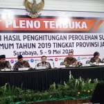Suasana rekapitulasi perolehan suara pemilu 2019 tingkat Provinsi Jawa Timur di Hotel Singgasana, Surabaya. foto: DIDI ROSADI/ BANGSAONLINE
