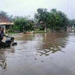 Warga yang nekat menerjang banjir terpaksa menuntun karena motornya mogok.