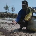 TERCEMAR - Sancoko ketika menunjukkan tumpahan minyak yang berada di bibir pantai. (foto: suwandi/BANGSAONLINE)