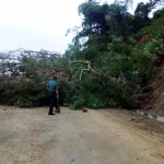 Material longsoran yang masih menutupi badan jalan. (foto: ist) 