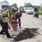 Polisi saat membersikan sisa noda korban di TKP laka