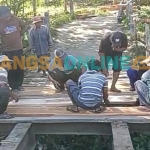 Warga Desa Daleman, Kecamatan Kedungdung, Sampang, saat memperbaiki jembatan. Foto: MUTAMMIM/BANGSAONLINE
