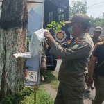 Petugas Satpol PP dan Bawaslu Kabupaten Kediri saat melepas APK yang dipaku di pohon. Foto: Ist