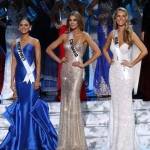 Pemenang Miss World tahun ini dari Philipina Pia Wurtzbach (gaun biru), juara dua dan tiga. Acara di Philipina diancam ISIS. foto: repro mirror.co.uk