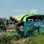 Kondisi bus usai dievakuasi dari sawah. foto: RONY S/ BANGSAONLINE