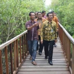 Wabup Moh. Qosim didampingi Camat Ujungpangkah Hari Syawaludin ketika mengunjungi taman mangrove, di Ujungpangkah. foto: SYUHUD/ BANGSAONLINE