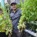 Plt. Kepala Dinas Kebersihan dan Ruang Terbuka Hijau (DKRTH) Surabaya Eri Cahyadi didampingi Camat Sukomanunggal, Lakoli, sedang mengangkat hasil panen. 
