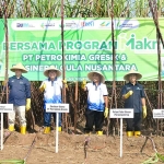 Direktur Utama Petrokimia Gresik, Dwi Satriyo Annurogo (tiga dari kiri), saat panen tebu di Desa Jrambe, Kecamatan Dlanggu, Kabupaten Mojokerto. Foto: Ist
