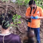 Petugas sedang melakukan identifikasi jenazah korban yang masih tergantung di seutas akar pohon.