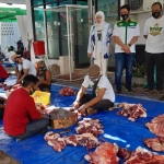 Bambang Haryo Soekartono (BHS) melihat pengemasan daging kurban, di Media Center BHS, Sabtu (1/8). foto: MUSTAIN/ BANGSAONLINE
