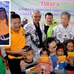 Ketua PB PGRI saat memberikan bantuan didampingi ketua PGRI cabang Ponorogo. Inset, ketua PB PGRI Unifah Rosidah dan Ketua PGRI Cabang Ponorogo Prayitno.