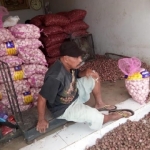Akibat kelangkaan Bawang Bombai, salah satu agen Bombai di Pasar Sayur Kota Batu hanya menyimpan stok bawang merah dan bawang putih.