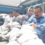 LARIS: Sekretaris Dinas Perikanan HM Bachruni Ariyawan mengecek bandeng saat Pasar Bandeng Murah, Rabu (29/11). foto: MUSTAIN/ BANGSAONLINE