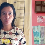Tersangka pengedar uang palsu dan barang bukti yang diamankan.