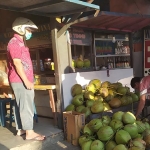 Pedagang kelapa muda sedang melayani pembeli.