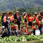 Kelompok Tani Makmur Trunojoyo Kelurahan Songgokerto foto bersama petugas dari Sea Bank usai panen sayuran.