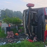 Petugas saat mengevakuasi bus yang terlibat kecelakaan di Tol Jombang. 