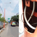 PJU BARU RASA BEKAS: Proyek pengadaan Lampu Penerangan Jalan Umum (LPJU) dengan menggunakan besi bekas. Tampak PJU DLH di depan kantor Kelurahan Gunung Gedangan yang permukaannya penuh karat.