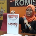 Sisin memperlihatkan contoh kertas suara pilgub Jatim 2018 yang sudah dicetak dan didistribusikan. Foto: DIDI R/BANGSAONLINE