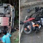 Warga saat berusaha mengevakuasi korban yang tergencet, dan salah satu motor yang ringsek. foto: AHMAD/ BANGSAONLINE