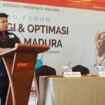 Ketua Asprim, Achmad Vicky Faisal memberikan sambutan di aula Hotel Front One Pamekasan.