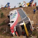 Kondisi bus PO Kramat Jati saat terjatuh ke sawah dari jalan tol usai tabrak pembatas. foto: ist.