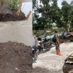 Kondisi tanggul Anak Kali Lamong di Desa Dadapkuning yang jebol. Foto kanan, gedek dan bongkotan yang akan digunakan untuk membendung aliran air. Foto: Ist.