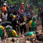 Tim SAR melakukan pencarian korban tanah longsor yang dipicu gempa di Cianjur, Jawa Barat. Foto: AP Photo/Tatan Syuflana