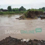 Kondisi tanggul sungai yang jebol di Dusun Johoclumprit, Desa/Kecamatan Sumobito, Kabupaten Jombang. foto: RONY S/ BANGSAONLINE