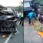 Kendaraan Panther ringsek di bagian depan, serta salah satu jenazah saat hendak dibawa ke RSUD Ngawi. foto: ZAINAL ABIDIN/ BANGSAONLINE