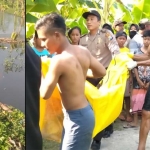 Kondisi mayat saat terapung di sungai Desa Sungelebak Karanggeneng (foto kiri) dan ketika dievakuasi oleh warga.