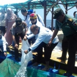 Kepala Desa Gelung, Djasmoto saat melepas ribuan benih ikan kakap putih di Keramba Apung BUMDes Jaya Abadi. foto: MURSIDI/ BANGSAONLINE