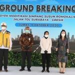 Groundbreaking Simpang Susun Romokalisari dihadiri Wali Kota Surabaya Tri Rismaharini, Kepala BPJT Prof Danang Parikesit, Direktur Utama PT Margabumi Matraraya Yenny Shintawati, dan Dirjen Bina Marga, Dr Ir. Hedy Rahadian, Sc.