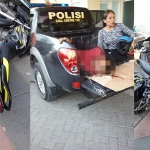 Kondisi kedua motor usai kecelakaan dan korban Saekan Urip saat hendak dievakuasi.