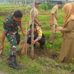 Kades Pagendingan Rahmawati bersama warga, Babinsa, dan Bhabinkamtibmas saat penanaman pohon Tabebuya. 