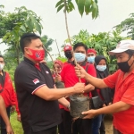 Ketua DPC PDIP Gresik Mujid Riduan didampingi Sekretaris Noto Utomo menyerahkan pohon sebelum ditanam di sekitar areal waduk. foto: ist.