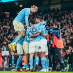 Selebrasi pemain City usai menang atas Arsenal di Piala FA