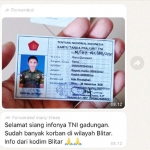 Kartu anggota Kodim 0808 Blitar yang diduga palsu itu ramai beredar melalui pesan WhastApp.