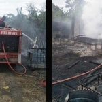 Petugas PMK berjuang memadamkan api yang melanda area usaha pengelolaan minyak.  Kejadian ini membuat korban mengalami kerugian jutaan rupiah. foto: YUDI EP/ BANGSAONLINE