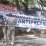 Petugas Satpol PP saat mencopot spanduk yang dipasang di pohon.