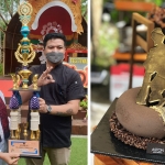 Bupati Banyuwangi saat memberikan piala penghargaan juara 1 kepada Arco Iskandar, Pastry Chef La Patisserie ASTON Banyuwangi di Festival Coklat Glenmore, Sabtu (12/3/22). Foto kanan, kreasi cake Chef Arco "The Chocolate Entremet Doesoen Kakao".
