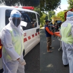Petugas berpakaian APD lengkap yang mengevakuasi Sapuan ke rumah sakit.