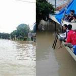 Banjir akibat meluapkan Kali Kemuning di Kabupaten Sampang cukup parah. Warga terpaksa mengungsi ke tempat aman, termasuk di atas genteng seperti terlihat di Jl. Imam Bonjol. 