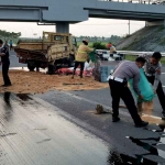 Anggota Satlantas dan BPBD Ngawi menangani pasca laka tunggal.