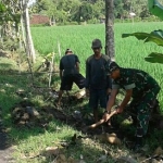 Babinsa Sidorejo Sertu Sulihno bersemangat  gali tanah  bantu warga buat saluran air.